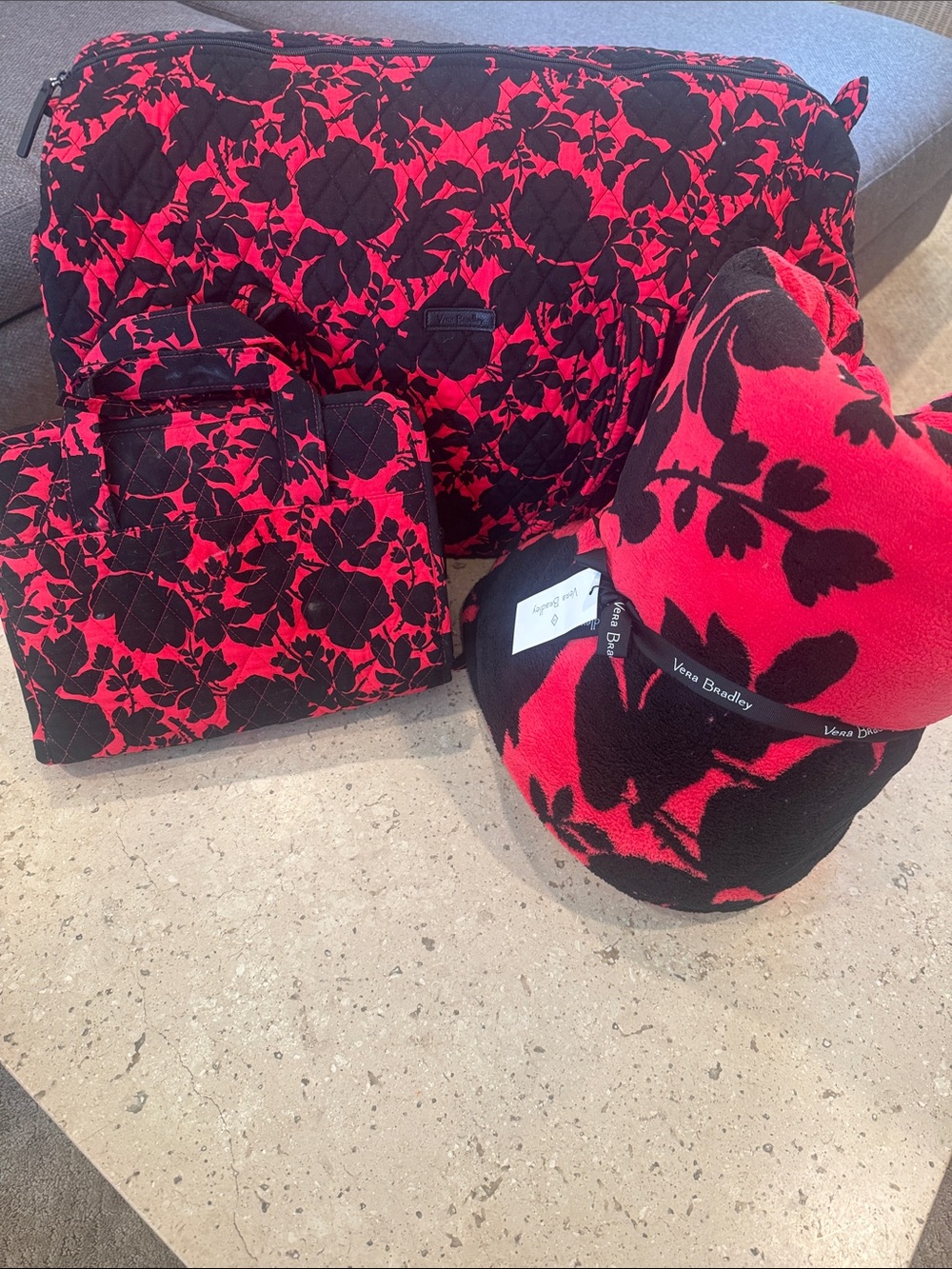 Vera Bradley Black and Red Quilted Floral Travel Set with Pillow